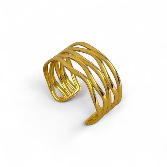Glossy gold-tone open cuff bracelet with an overlapping wave design made of interwoven bands.