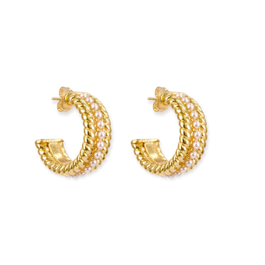 Golden Braid Pearl Hoop Earrings